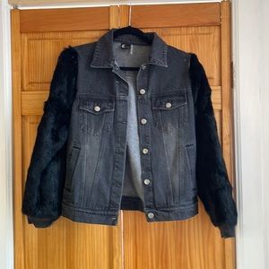 Love Token Denim Jacket with Fur Sleeves